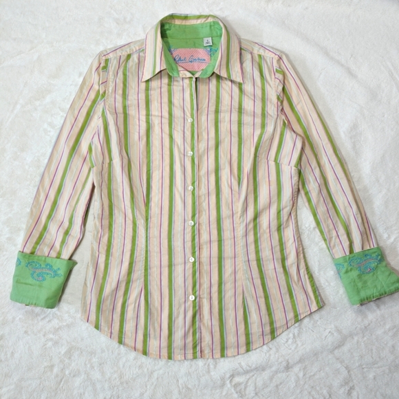 Robert Graham Sz‎ S Green Pink Stripe Button Up Cotton Embroidered Flip Cuff - Picture 2 of 7